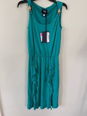 Cavalli Class Teal Midi Dress with Gold-Tone Strap Accents
